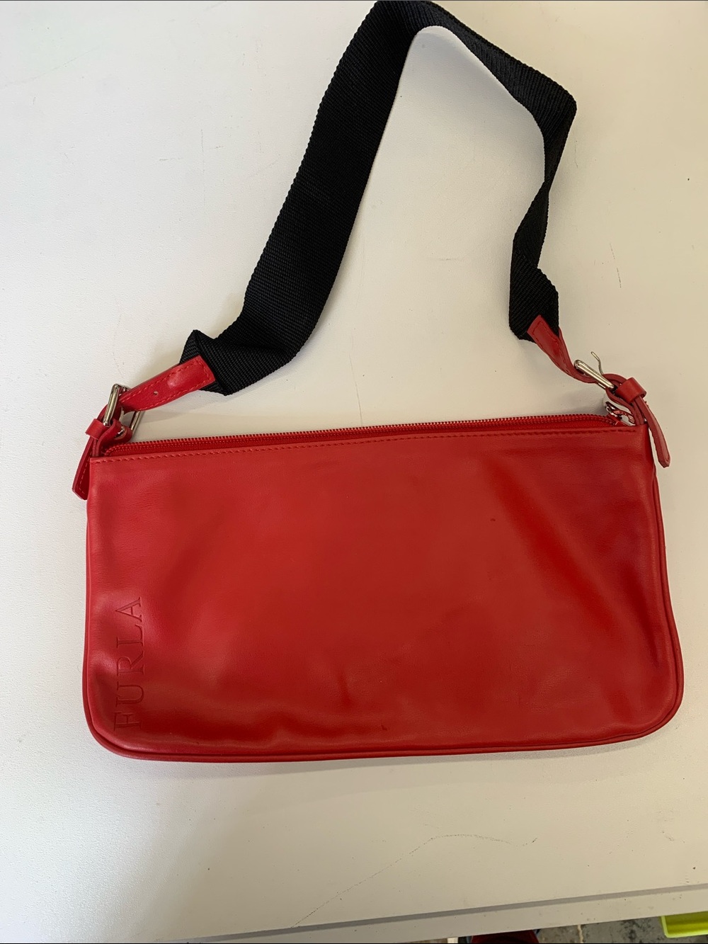 Furla Red Leather Shoulder Bag with Black Woven Strap